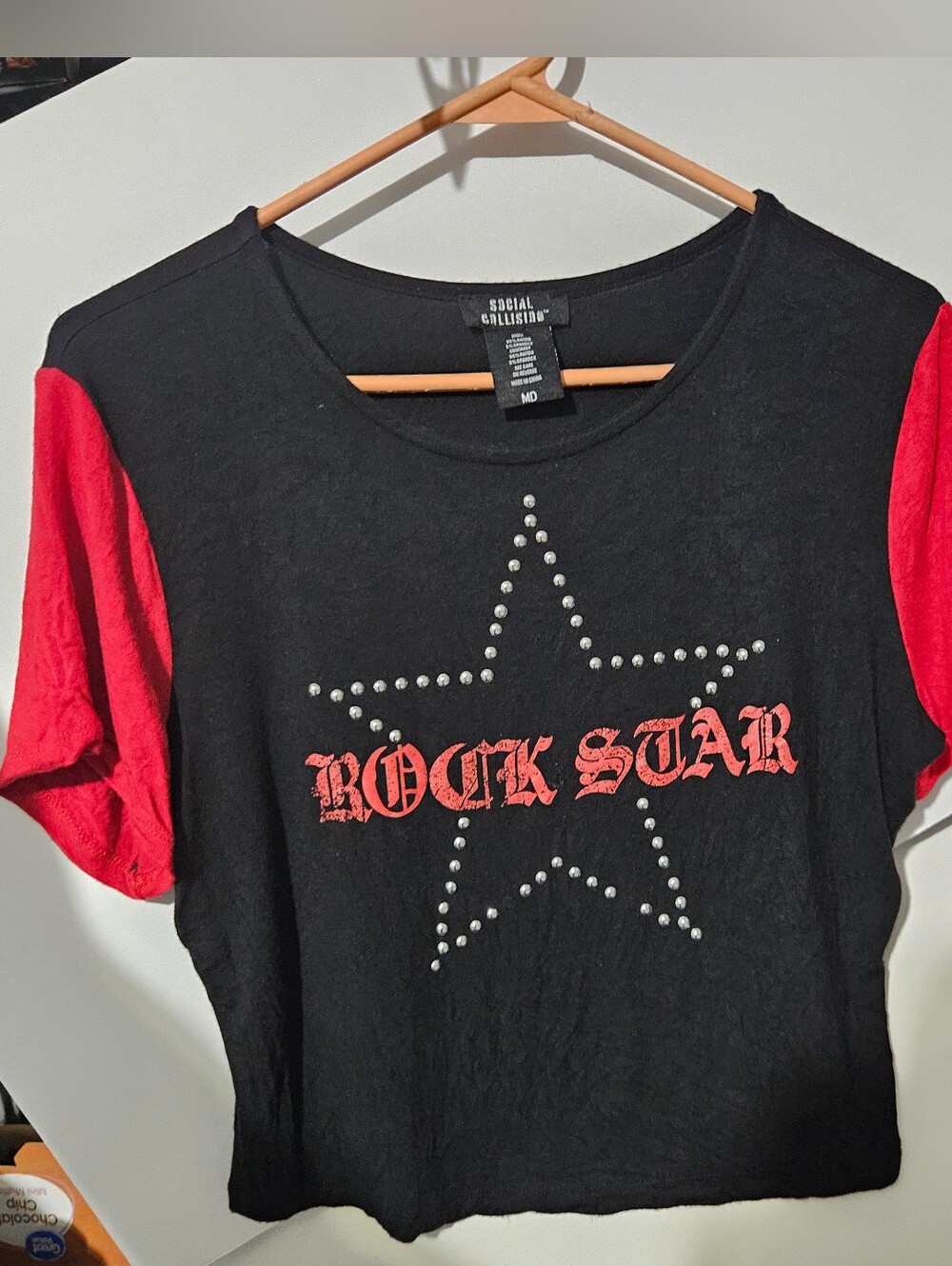 Social Collision Rock Star Studded Crop Top Black Red Raglan Y2K Grunge Size M